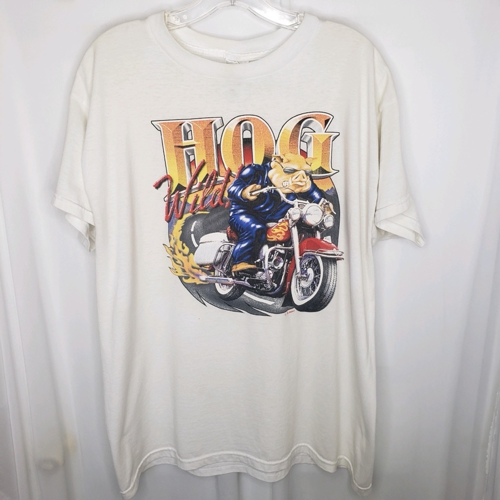 Vintage Hog Wild Biker Air Waves T Shirt Size XL 90s Y2K Motorcycle Pig
